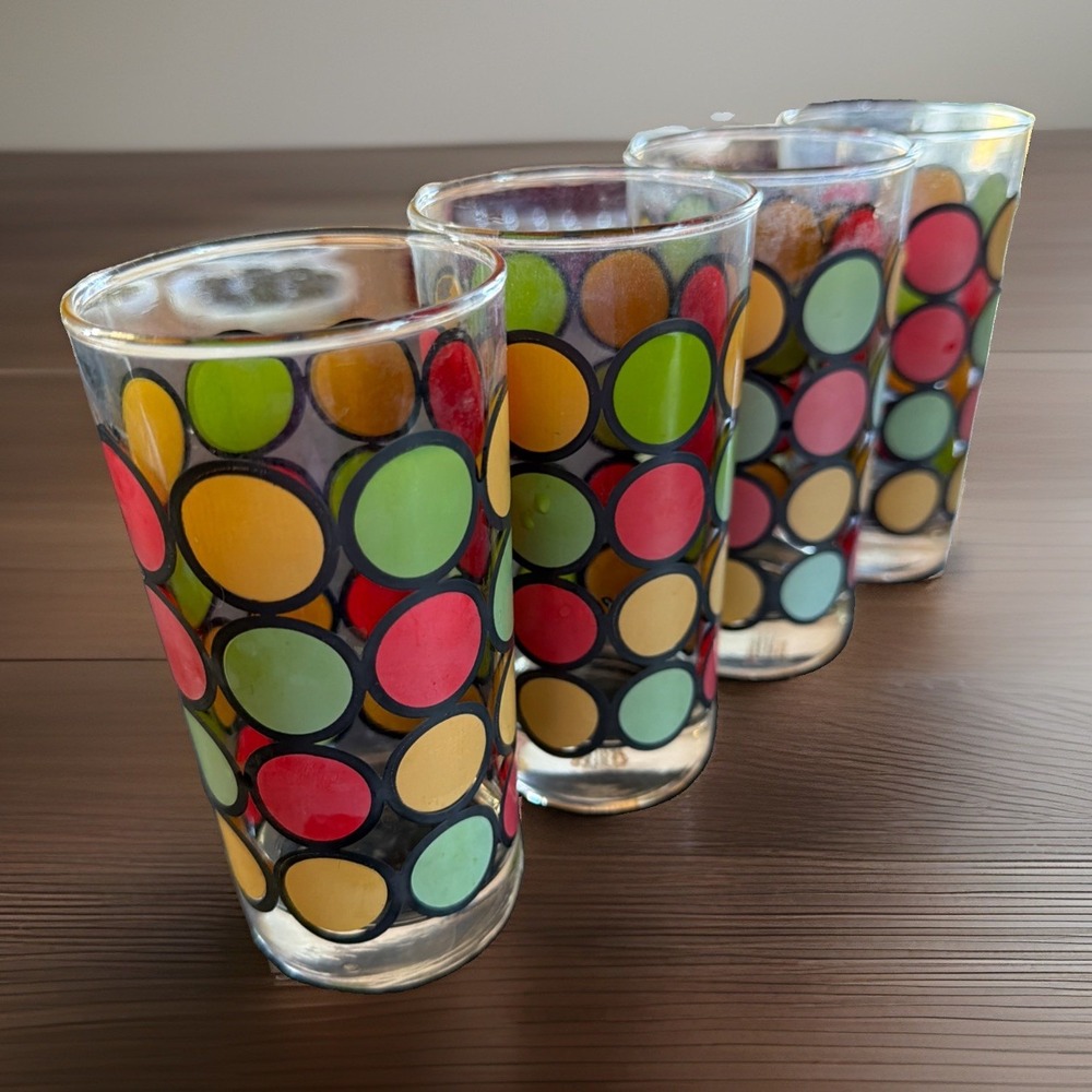 Vintage Set of 4 Mid Century Modern Retro Glasses Red Yellow Green Polka Dot 70s
